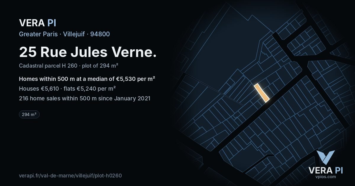 25 Rue Jules Verne, Villejuif at night – the plot lit, the parcels around coloured by the prices near them