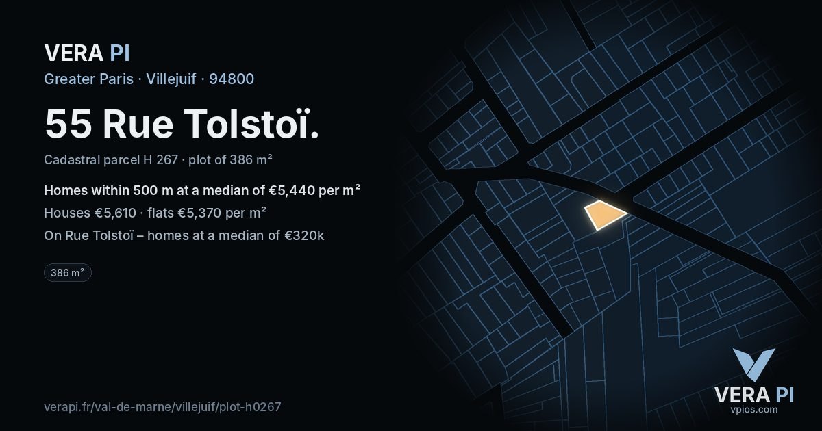 55 Rue Tolstoï, Villejuif at night – the plot lit, the parcels around coloured by the prices near them
