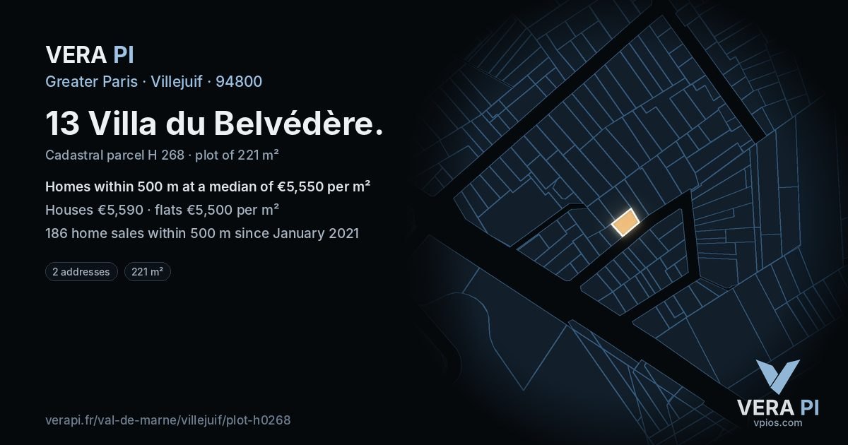 13 Villa du Belvédère, Villejuif at night – the plot lit, the parcels around coloured by the prices near them