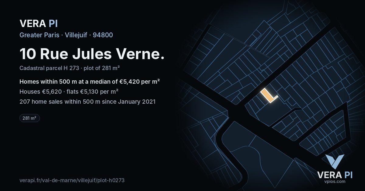 10 Rue Jules Verne, Villejuif at night – the plot lit, the parcels around coloured by the prices near them