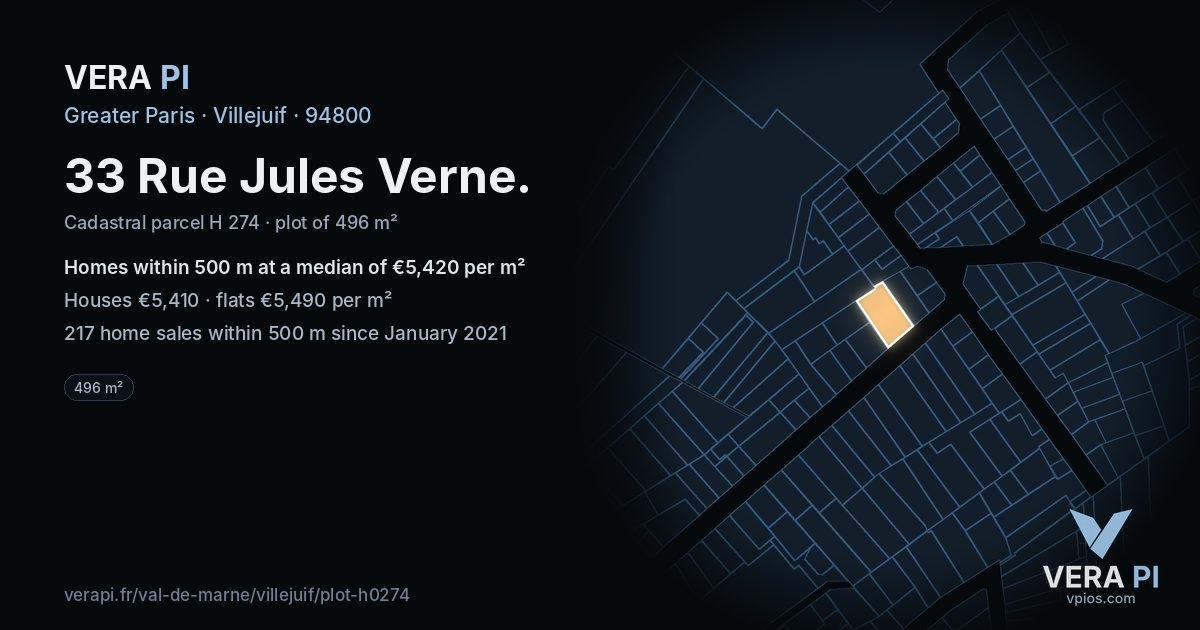 33 Rue Jules Verne, Villejuif at night – the plot lit, the parcels around coloured by the prices near them