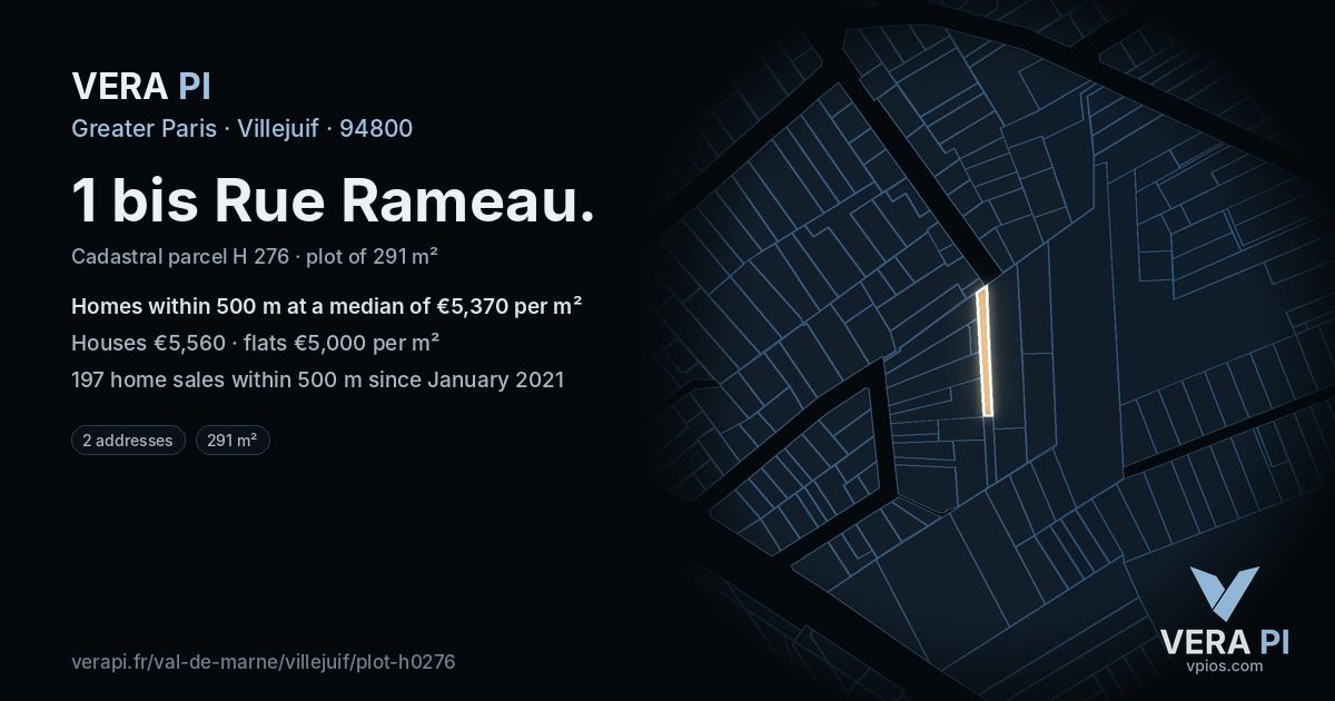 1 bis Rue Rameau, Villejuif at night – the plot lit, the parcels around coloured by the prices near them
