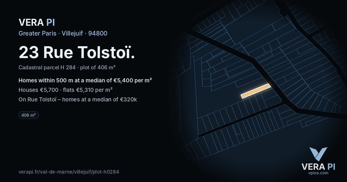 23 Rue Tolstoï, Villejuif at night – the plot lit, the parcels around coloured by the prices near them