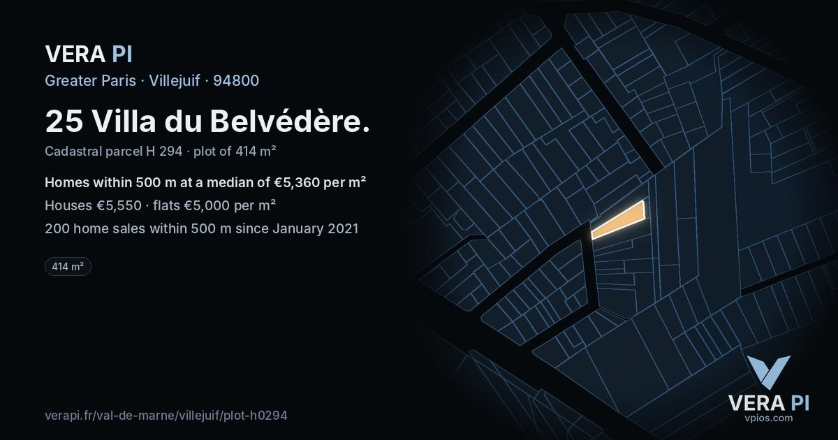 25 Villa du Belvédère, Villejuif at night – the plot lit, the parcels around coloured by the prices near them