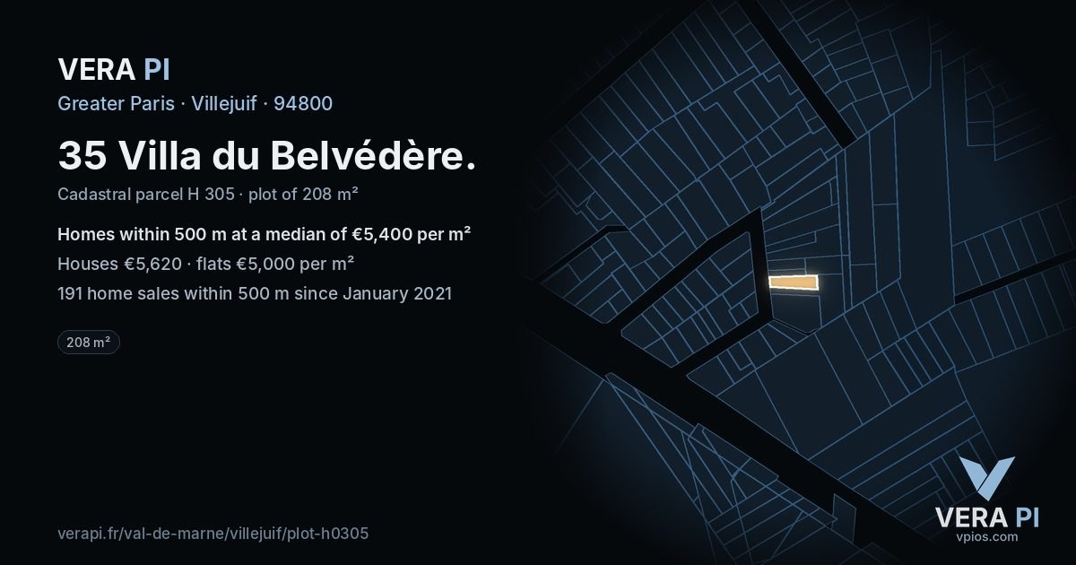 35 Villa du Belvédère, Villejuif at night – the plot lit, the parcels around coloured by the prices near them
