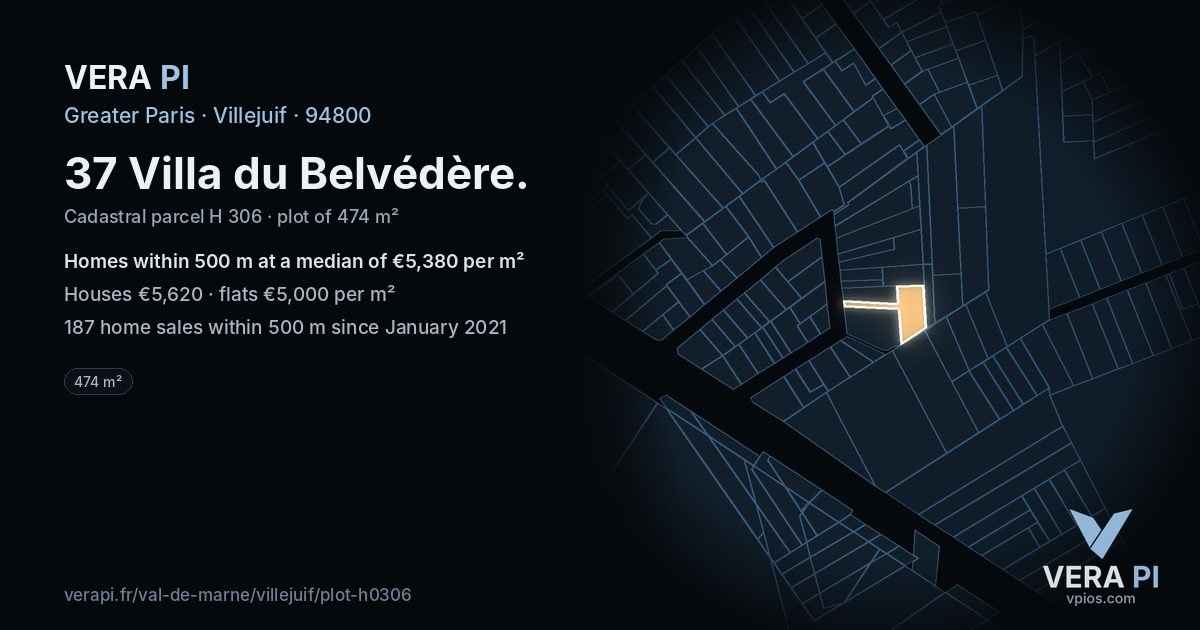 37 Villa du Belvédère, Villejuif at night – the plot lit, the parcels around coloured by the prices near them