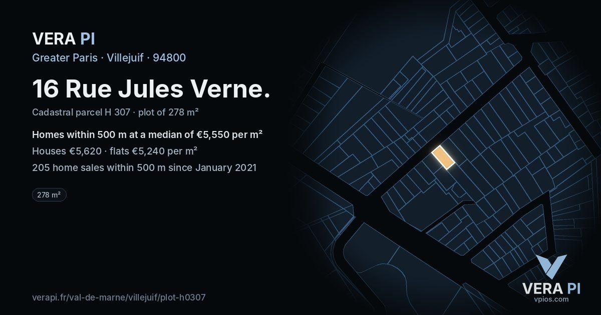 16 Rue Jules Verne, Villejuif at night – the plot lit, the parcels around coloured by the prices near them