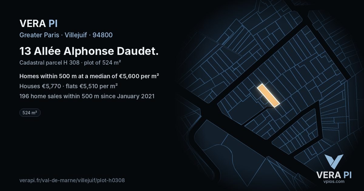 13 Allée Alphonse Daudet, Villejuif at night – the plot lit, the parcels around coloured by the prices near them