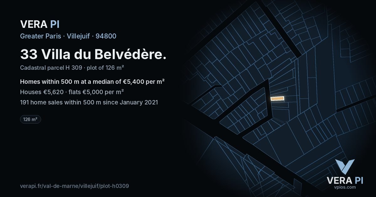 33 Villa du Belvédère, Villejuif at night – the plot lit, the parcels around coloured by the prices near them