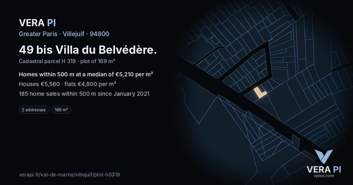 49 bis Villa du Belvédère, Villejuif at night – the plot lit, the parcels around coloured by the prices near them