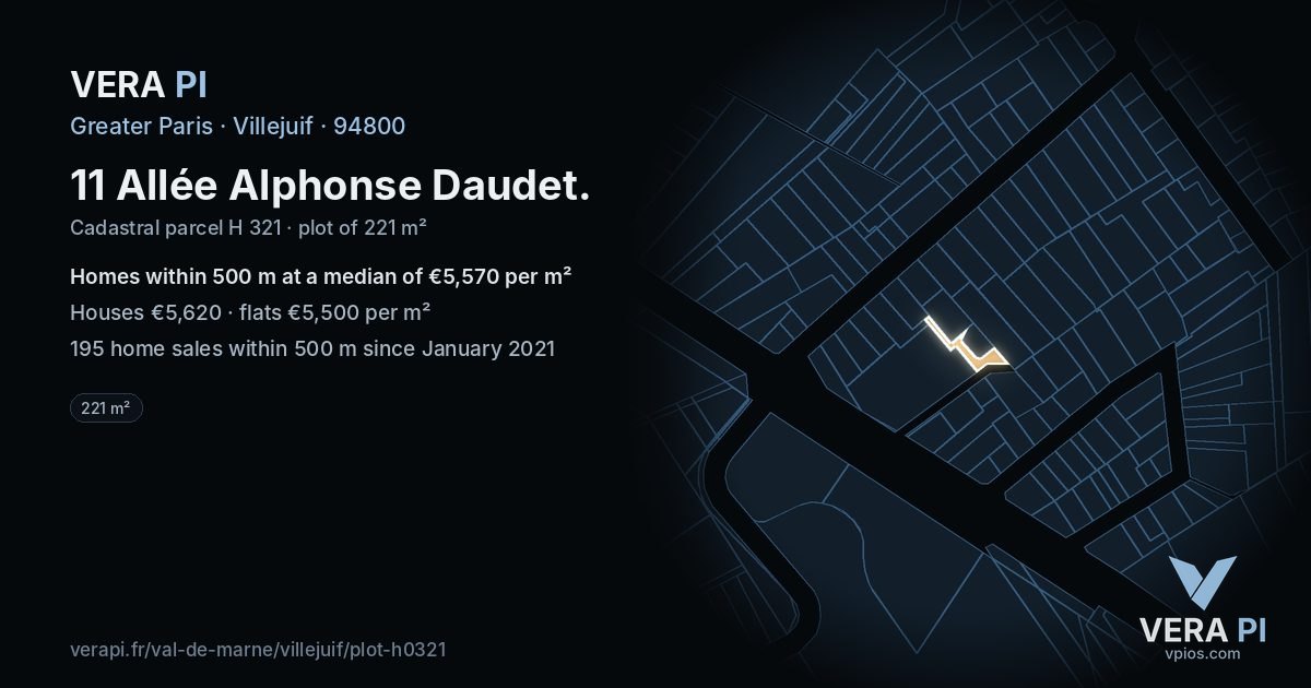 11 Allée Alphonse Daudet, Villejuif at night – the plot lit, the parcels around coloured by the prices near them
