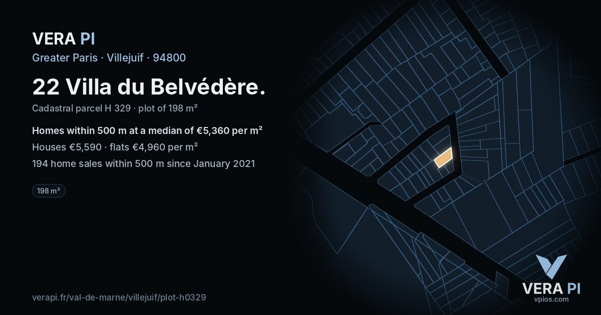22 Villa du Belvédère, Villejuif at night – the plot lit, the parcels around coloured by the prices near them