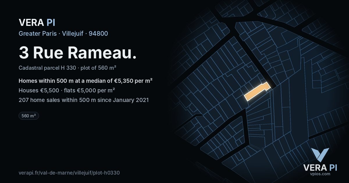3 Rue Rameau, Villejuif at night – the plot lit, the parcels around coloured by the prices near them
