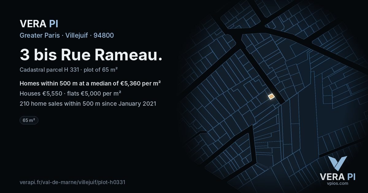 3 bis Rue Rameau, Villejuif at night – the plot lit, the parcels around coloured by the prices near them