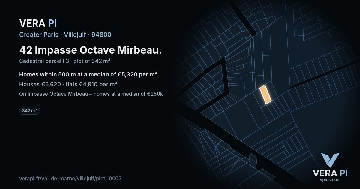 42 Impasse Octave Mirbeau, Villejuif at night – the plot lit, the parcels around coloured by the prices near them