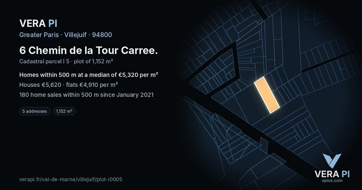 6 Chemin de la Tour Carree, Villejuif at night – the plot lit, the parcels around coloured by the prices near them