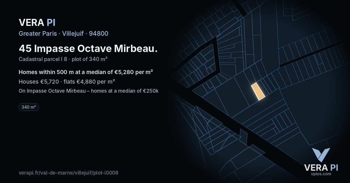 45 Impasse Octave Mirbeau, Villejuif at night – the plot lit, the parcels around coloured by the prices near them