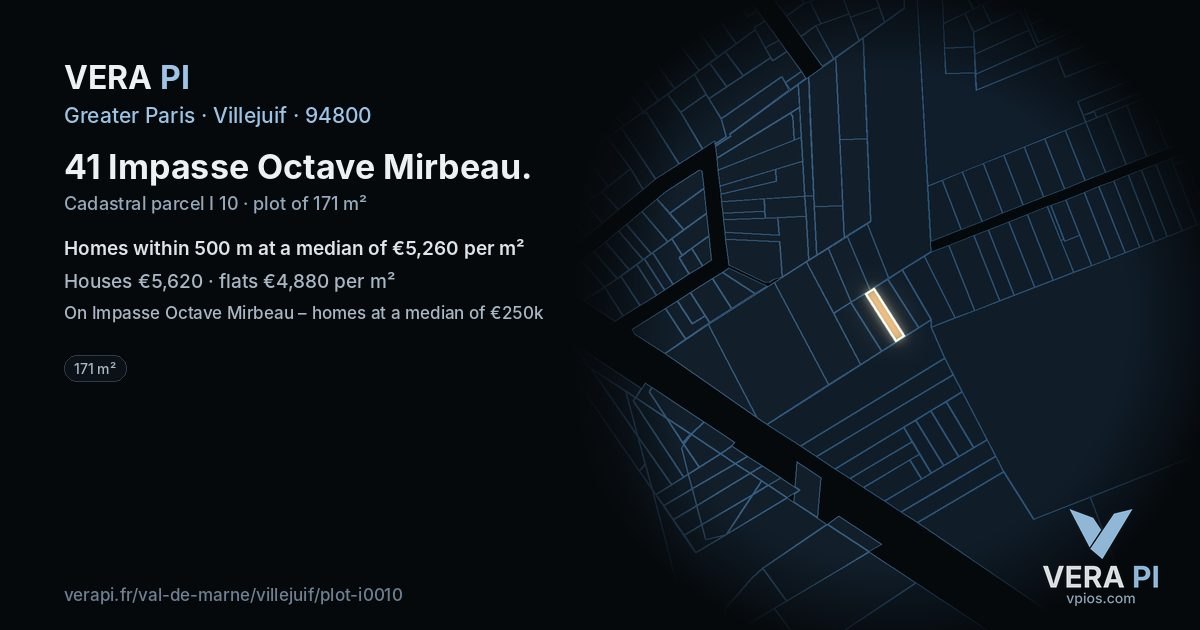 41 Impasse Octave Mirbeau, Villejuif at night – the plot lit, the parcels around coloured by the prices near them