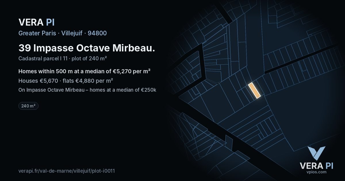 39 Impasse Octave Mirbeau, Villejuif at night – the plot lit, the parcels around coloured by the prices near them