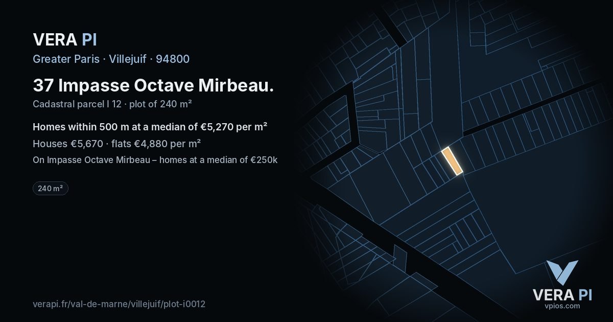 37 Impasse Octave Mirbeau, Villejuif at night – the plot lit, the parcels around coloured by the prices near them