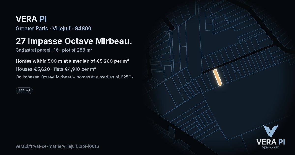 27 Impasse Octave Mirbeau, Villejuif at night – the plot lit, the parcels around coloured by the prices near them