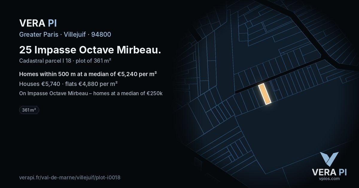 25 Impasse Octave Mirbeau, Villejuif at night – the plot lit, the parcels around coloured by the prices near them
