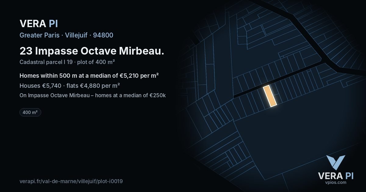 23 Impasse Octave Mirbeau, Villejuif at night – the plot lit, the parcels around coloured by the prices near them