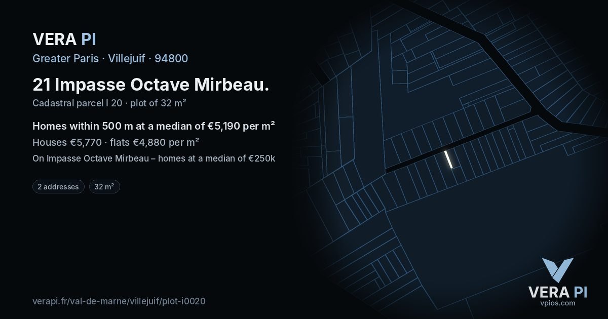 21 Impasse Octave Mirbeau, Villejuif at night – the plot lit, the parcels around coloured by the prices near them