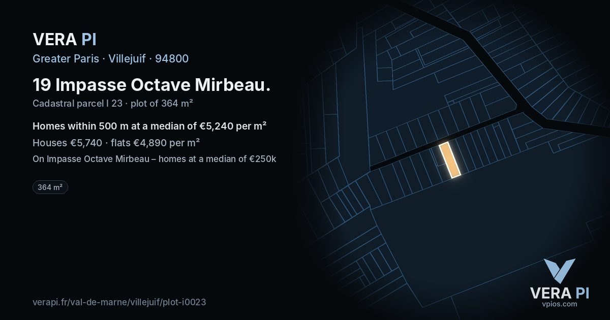 19 Impasse Octave Mirbeau, Villejuif at night – the plot lit, the parcels around coloured by the prices near them