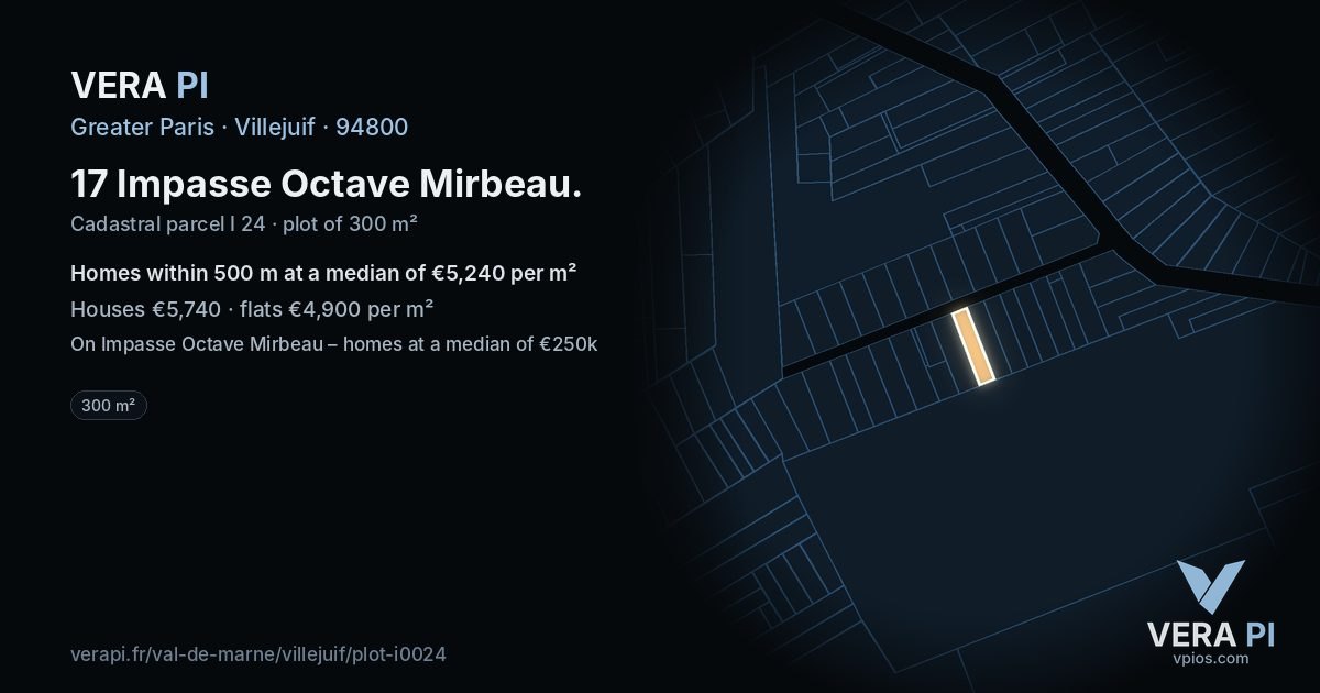 17 Impasse Octave Mirbeau, Villejuif at night – the plot lit, the parcels around coloured by the prices near them