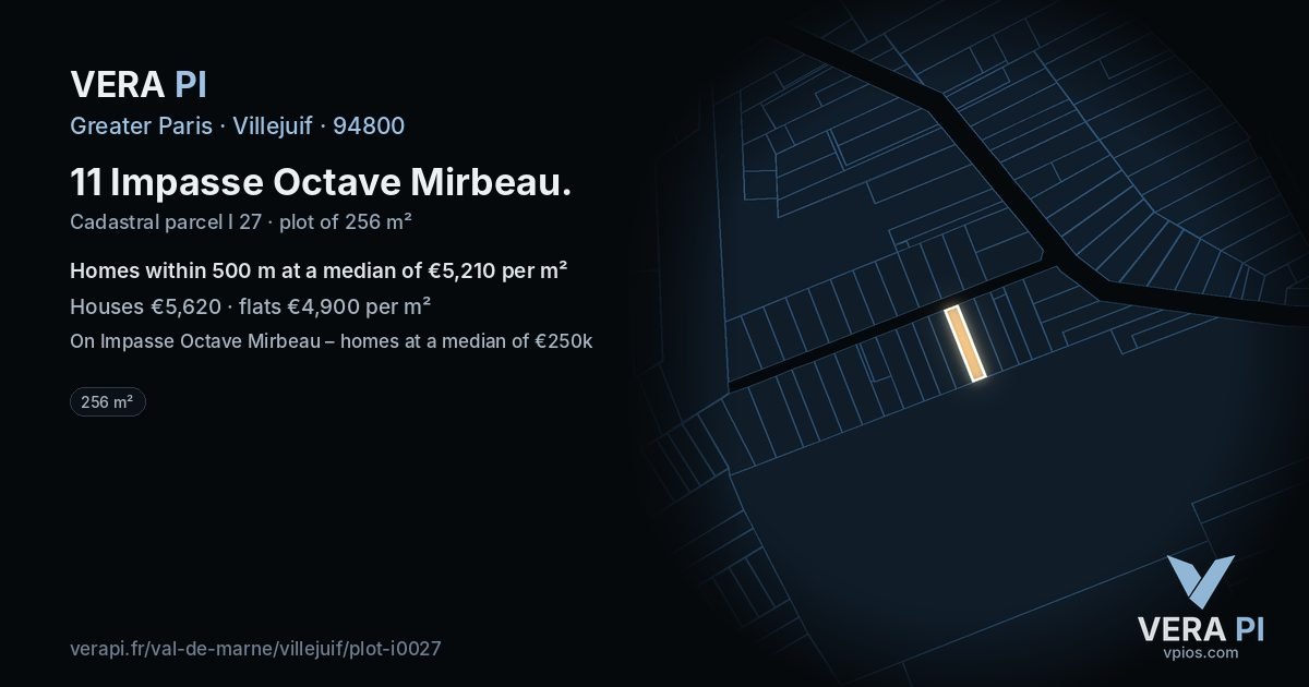 11 Impasse Octave Mirbeau, Villejuif at night – the plot lit, the parcels around coloured by the prices near them