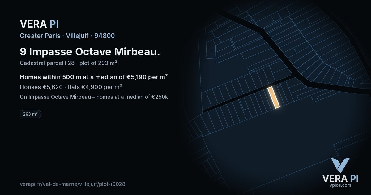 9 Impasse Octave Mirbeau, Villejuif at night – the plot lit, the parcels around coloured by the prices near them
