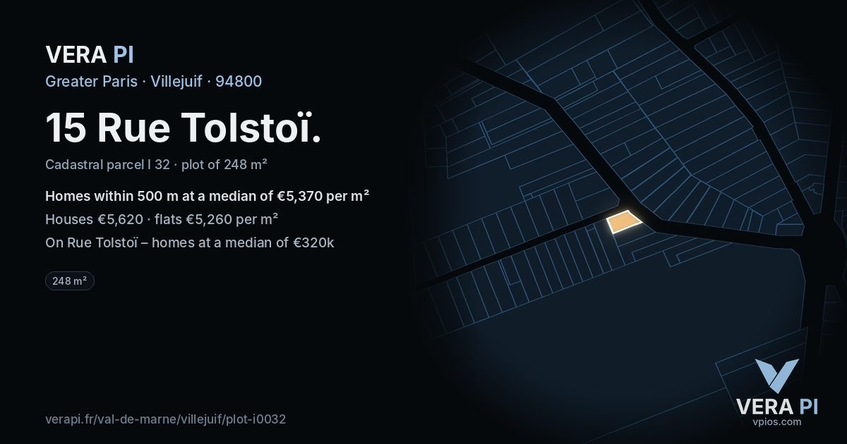 15 Rue Tolstoï, Villejuif at night – the plot lit, the parcels around coloured by the prices near them