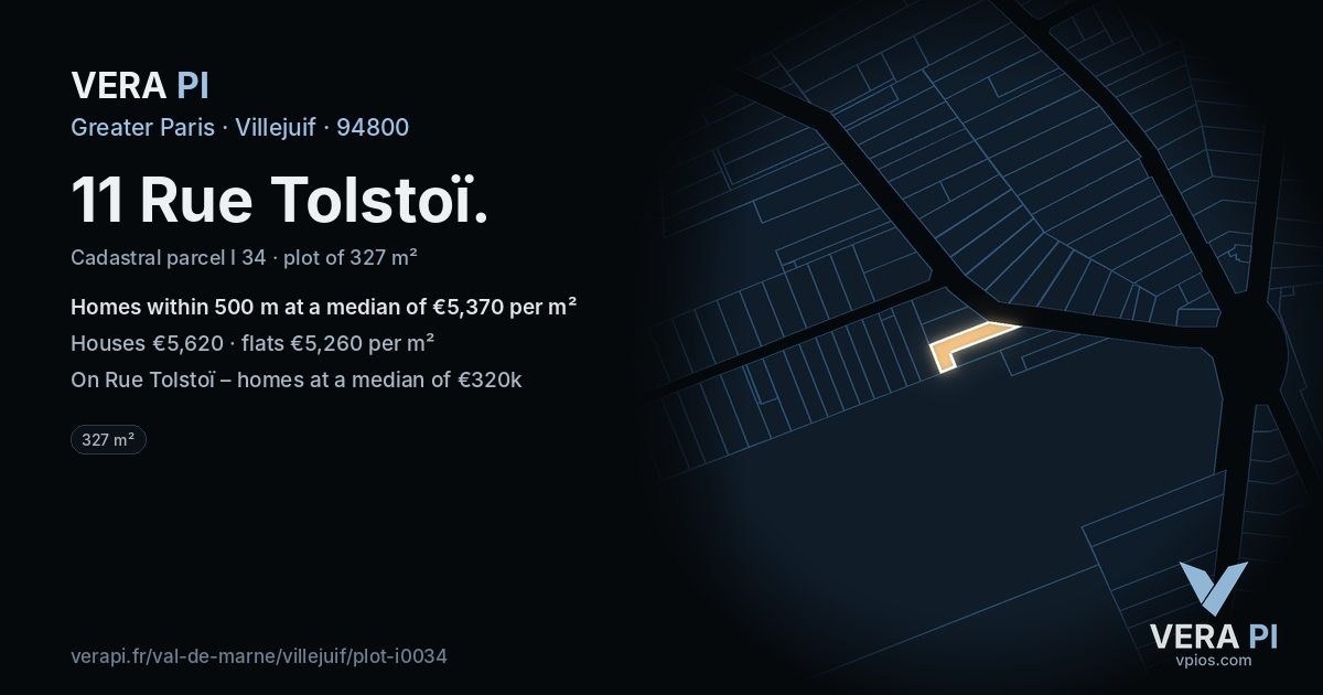 11 Rue Tolstoï, Villejuif at night – the plot lit, the parcels around coloured by the prices near them
