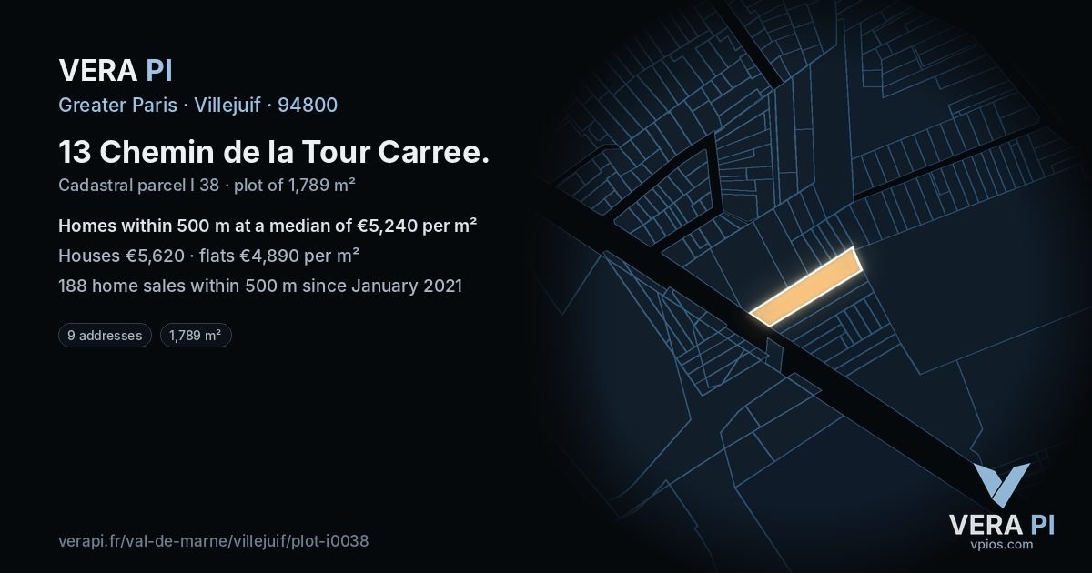 13 Chemin de la Tour Carree, Villejuif at night – the plot lit, the parcels around coloured by the prices near them