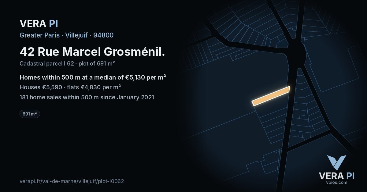 42 Rue Marcel Grosménil, Villejuif at night – the plot lit, the parcels around coloured by the prices near them