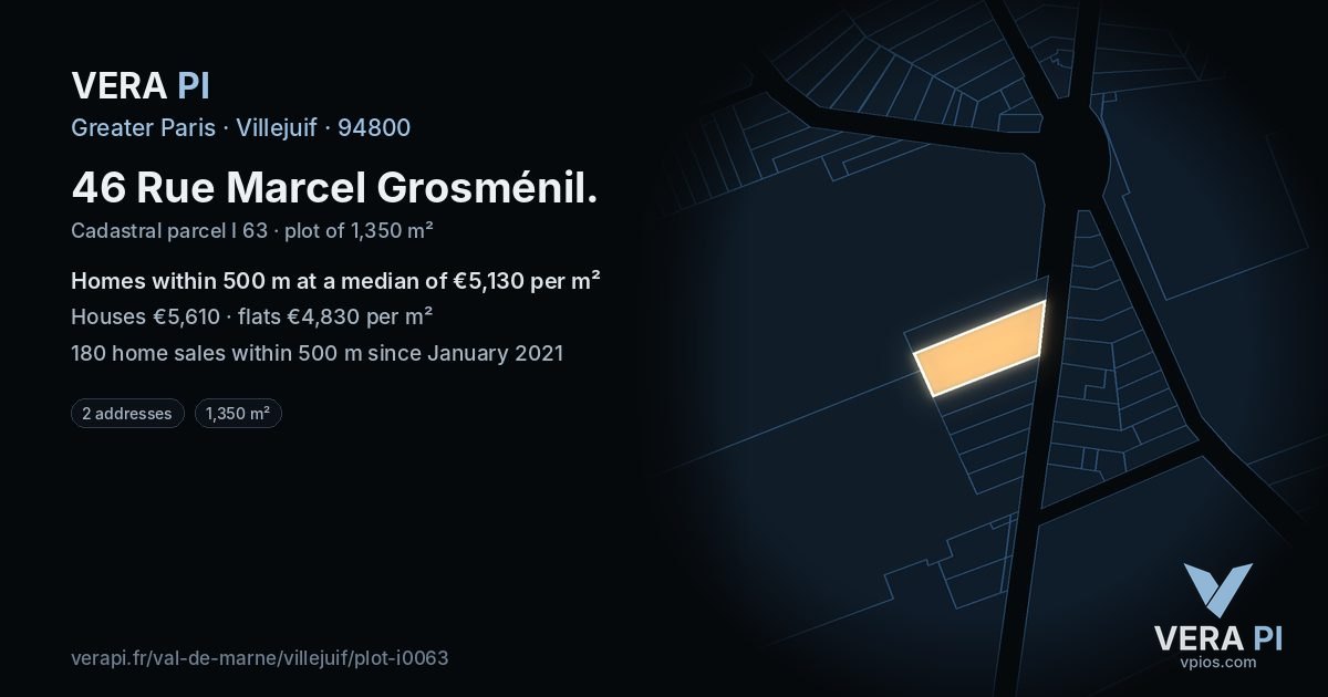 46 Rue Marcel Grosménil, Villejuif at night – the plot lit, the parcels around coloured by the prices near them
