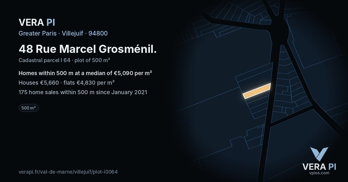 48 Rue Marcel Grosménil, Villejuif at night – the plot lit, the parcels around coloured by the prices near them