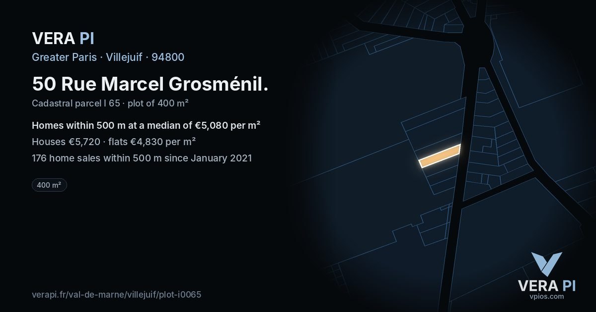 50 Rue Marcel Grosménil, Villejuif at night – the plot lit, the parcels around coloured by the prices near them