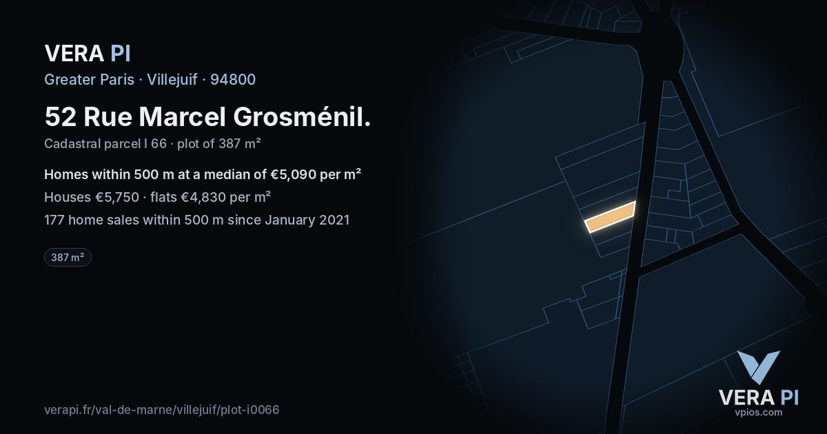 52 Rue Marcel Grosménil, Villejuif at night – the plot lit, the parcels around coloured by the prices near them