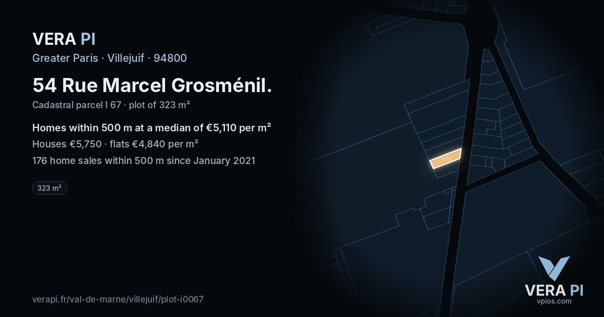 54 Rue Marcel Grosménil, Villejuif at night – the plot lit, the parcels around coloured by the prices near them