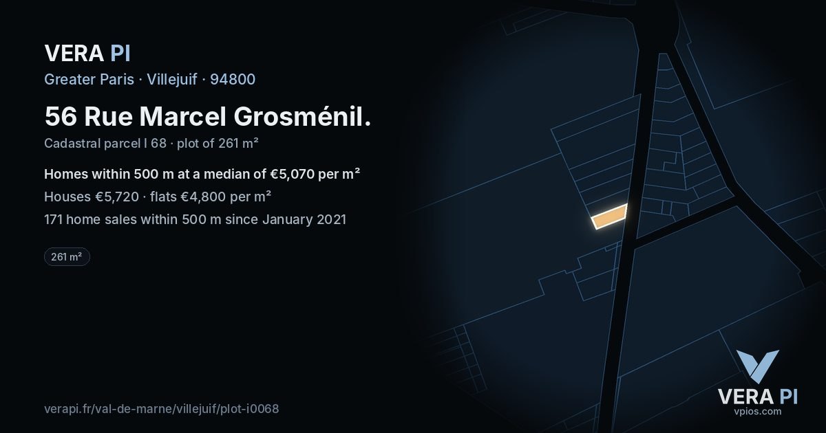 56 Rue Marcel Grosménil, Villejuif at night – the plot lit, the parcels around coloured by the prices near them