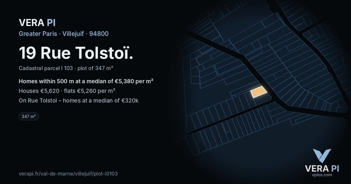 19 Rue Tolstoï, Villejuif at night – the plot lit, the parcels around coloured by the prices near them