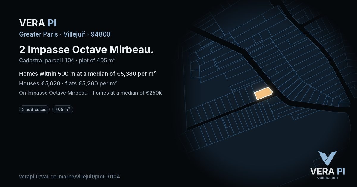 2 Impasse Octave Mirbeau, Villejuif at night – the plot lit, the parcels around coloured by the prices near them