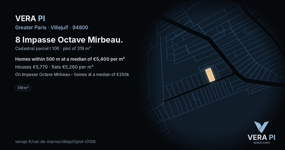 8 Impasse Octave Mirbeau, Villejuif at night – the plot lit, the parcels around coloured by the prices near them