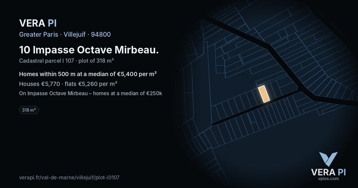 10 Impasse Octave Mirbeau, Villejuif at night – the plot lit, the parcels around coloured by the prices near them