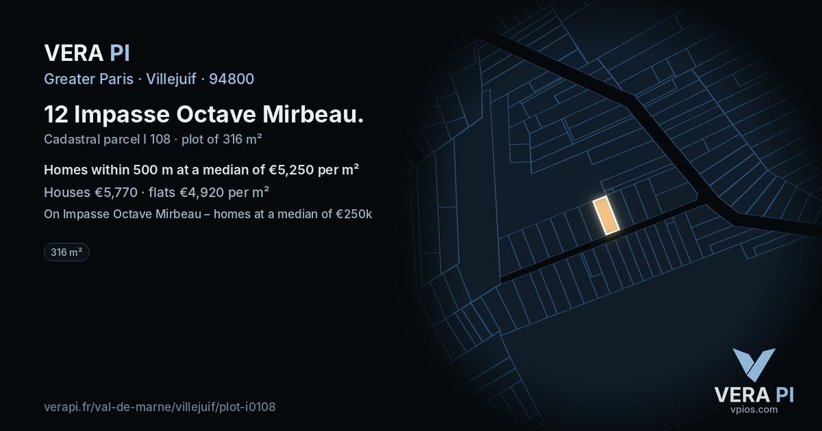12 Impasse Octave Mirbeau, Villejuif at night – the plot lit, the parcels around coloured by the prices near them