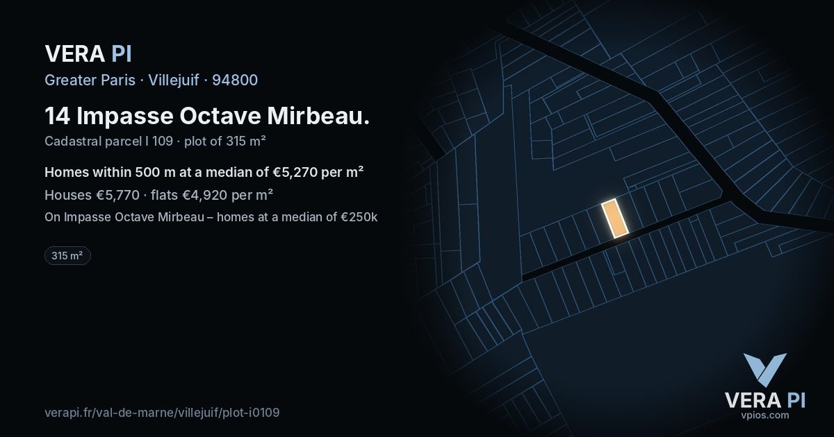 14 Impasse Octave Mirbeau, Villejuif at night – the plot lit, the parcels around coloured by the prices near them