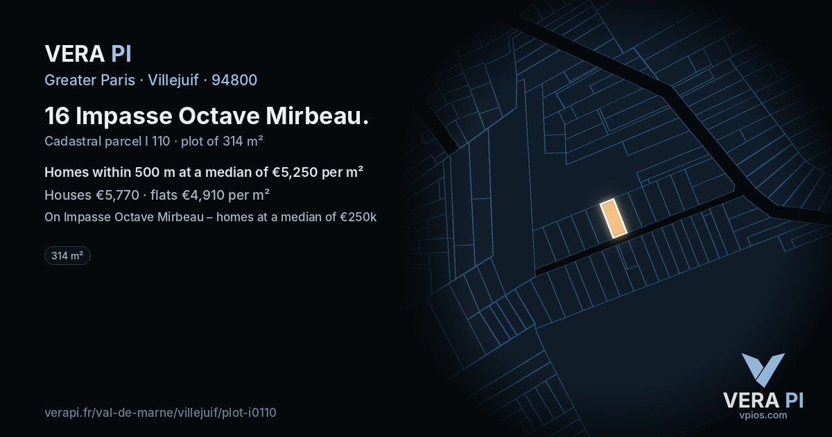 16 Impasse Octave Mirbeau, Villejuif at night – the plot lit, the parcels around coloured by the prices near them