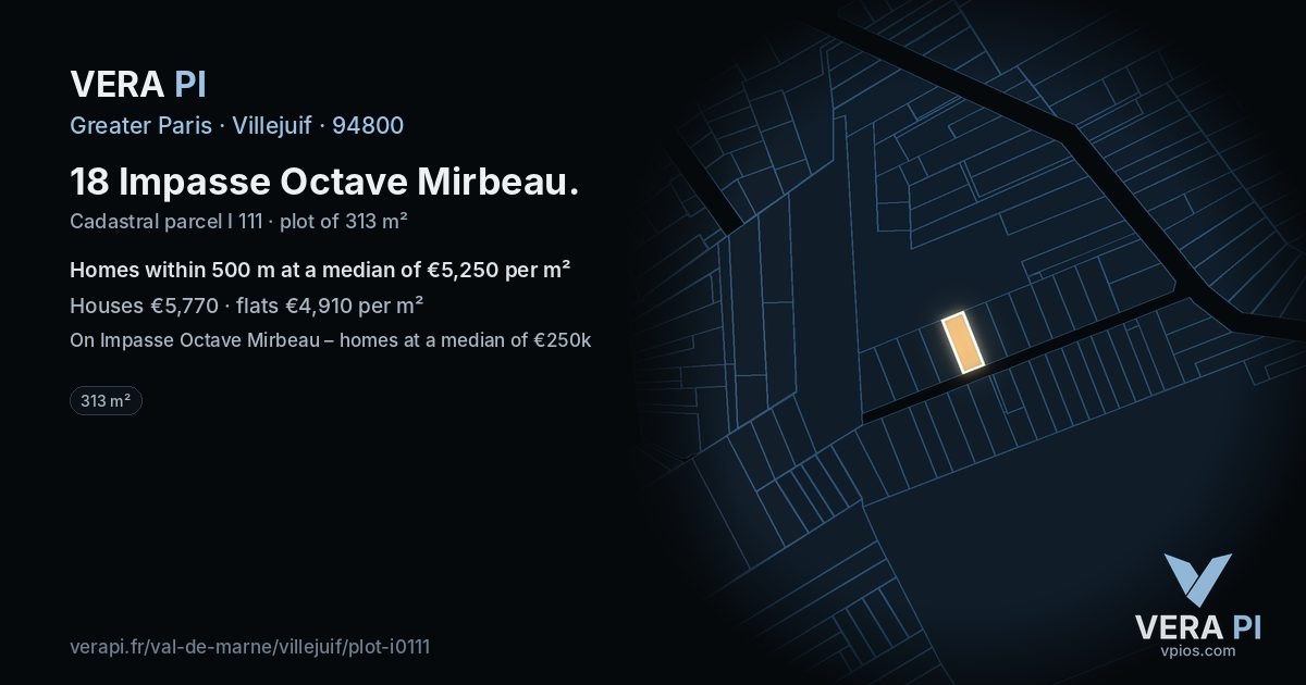 18 Impasse Octave Mirbeau, Villejuif at night – the plot lit, the parcels around coloured by the prices near them